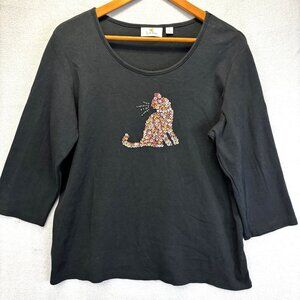 Quacker Factory Sequin Cat Shirt Womens Large L Black 3/4 Sleeve Top Embellished